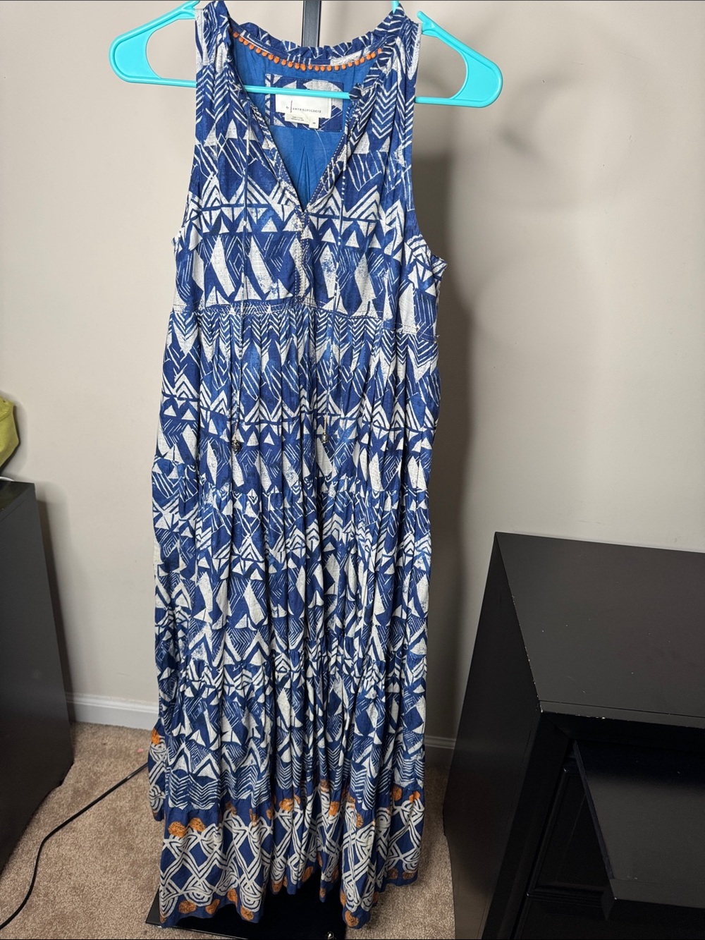 Anthropologie Blue and White Tribal Maxi Dress
